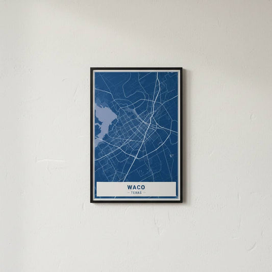 Framed map of Waco, Texas on a white wall